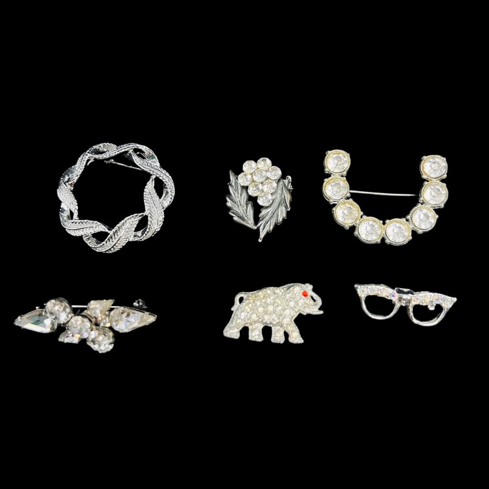 Vintage Lot Of 6 Silver Tone Brooches (5205)
